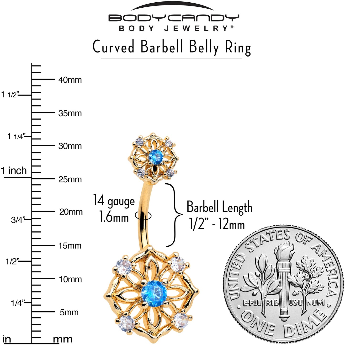 Blue CZ Gem Gold Tone Flower Ring Double Mount Belly Ring