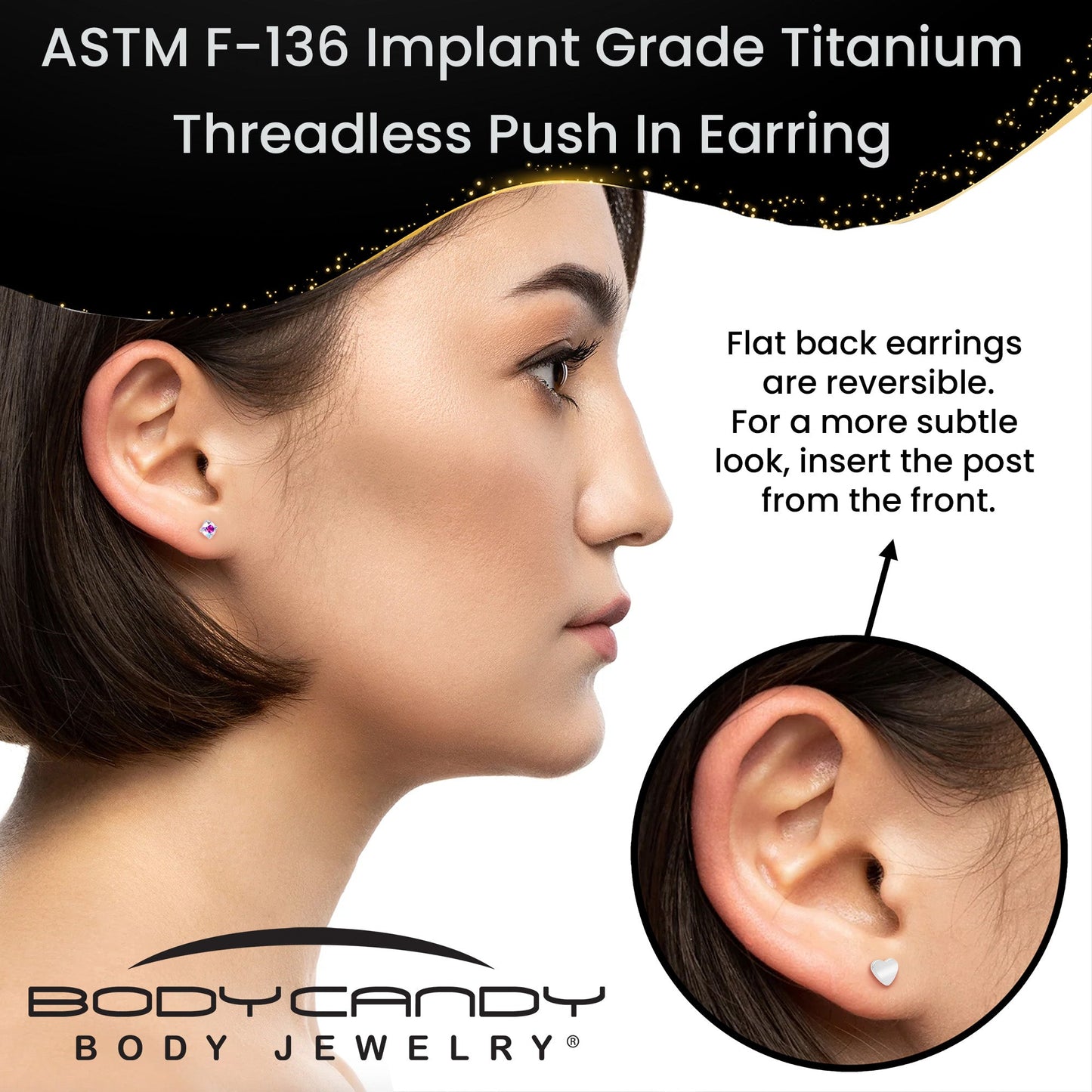 16G 5/16 Aurora CZ Implant Grade Titanium Threadless Reversible Heart Flatback Stud