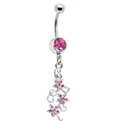 Pink Gem Dramatic Floral Drop Belly Ring