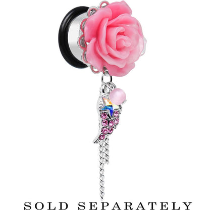 Pink Gem Angel Wing and Pink Rose Flower Single Flare Dangle Plug Sizes 0G to 16mm
