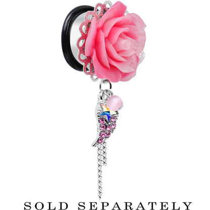 Pink Gem Angel Wing and Pink Rose Flower Single Flare Dangle Plug Sizes 0G to 16mm