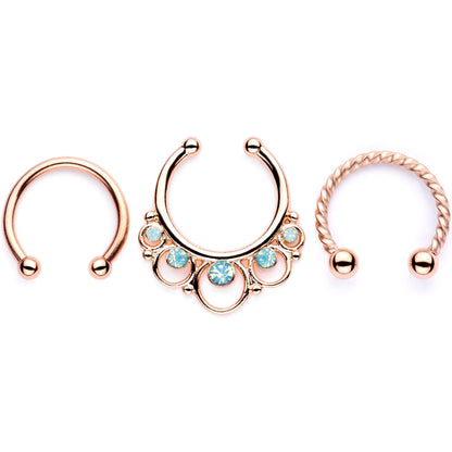 16G Teal Faux Opal Rose Gold Tone Twisted Horseshoe Clip On Fake Septum Ring Set