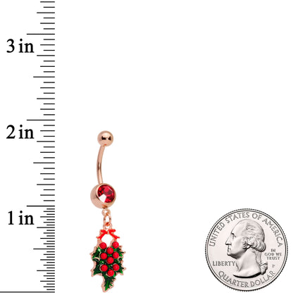 Red Gem Rose Gold Tone Holiday Holly Wreath Dangle Belly Ring