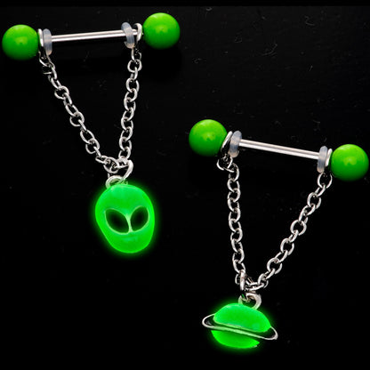 14G 9/16 Glow Alien Saturn Dangle Barbell Nipple Ring Set