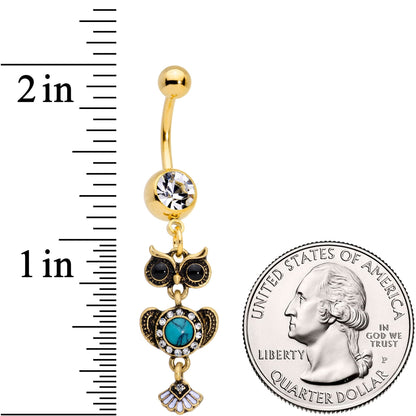 Faux Turquoise Gold Tone Southwestern Wise Old Owl Dangle Belly Ring