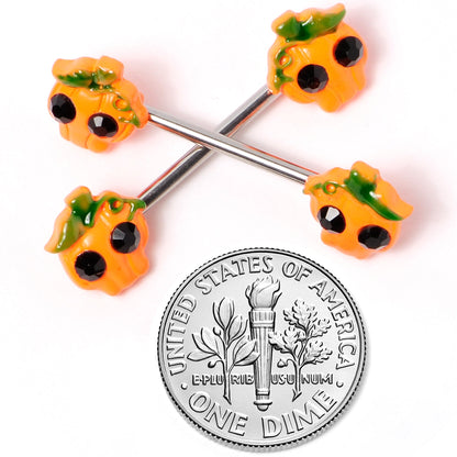 14G 5/8 Orange Jack O Lantern Pumpkin Halloween Nipple Ring Set