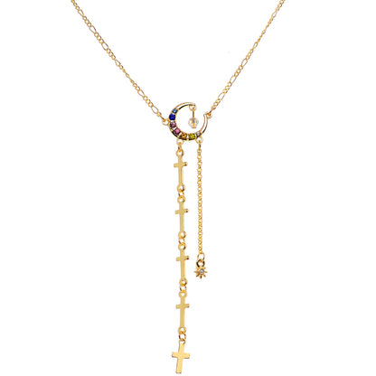 14G 9/16 Blue Pink Gem Gold Tone Moon Cross Dangle Nipple Chain