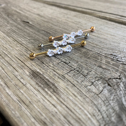 14G Clear Gem Rose Gold Tone Flower Industrial Barbell 38mm