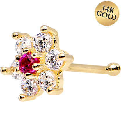Solid 14K Yellow GOLD Fuchsia CZ FLOWER Nose Stud