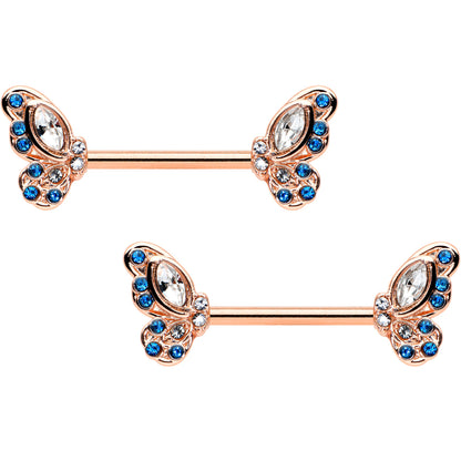 14G 9/16 Clear Blue Gem Rosy Tone Butterfly Wing Nipple Ring Set