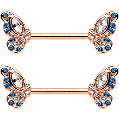 14G 9/16 Clear Blue Gem Rosy Tone Butterfly Wing Nipple Ring Set