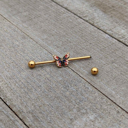 14G Gold Tone Red Blue Pink Butterfly Industrial Barbell 38mm