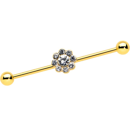 14G Clear Gem Gold Tone Whimsy Flower Industrial Barbell 38mm