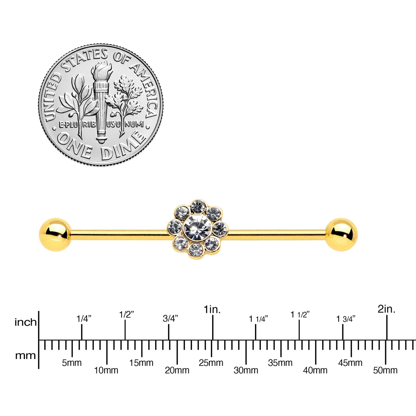 14G Clear Gem Gold Tone Whimsy Flower Industrial Barbell 38mm
