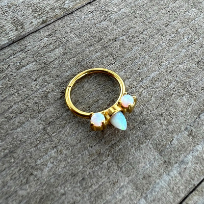 16G 3/8 White Synthetic Opal Gold Tone Trio Point Hinged Segment Ring