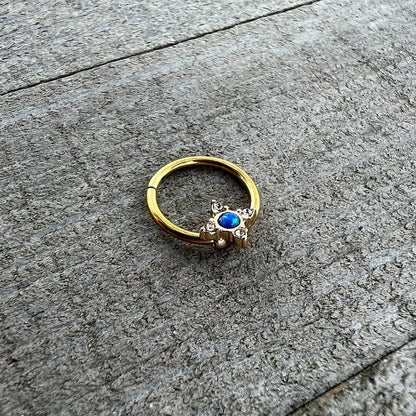 16G 3/8 Blue Synthetic Opal Gold Hue Rhombus Hinged Segment Ring