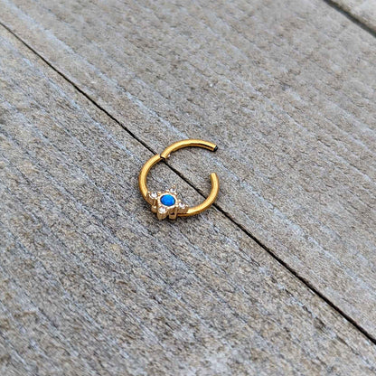 16G 3/8 Blue Synthetic Opal Gold Hue Rhombus Hinged Segment Ring