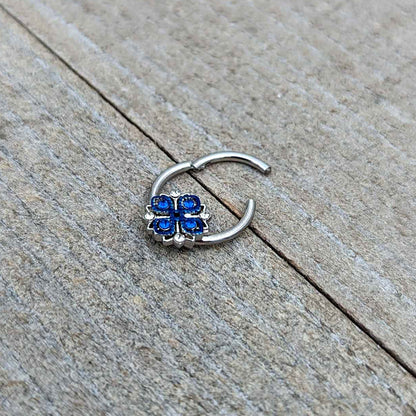 16G 3/8 Blue Clear Gem Embellished Cross Hinged Segment Ring