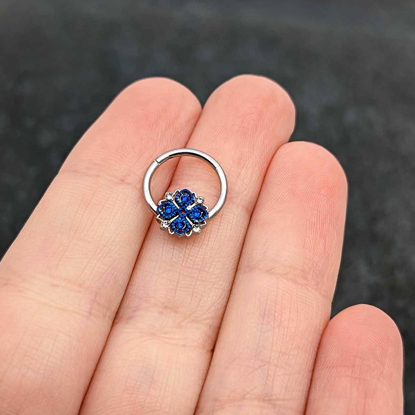 16G 3/8 Blue Clear Gem Embellished Cross Hinged Segment Ring