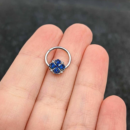 16G 3/8 Blue Clear Gem Embellished Cross Hinged Segment Ring