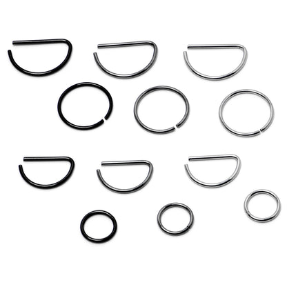 20G 12 Pack ASTM F-136 Implant Grade Titanium Nose Hoop D Shaped Septum Ring and Cartilage Ear Hoop Earring Set