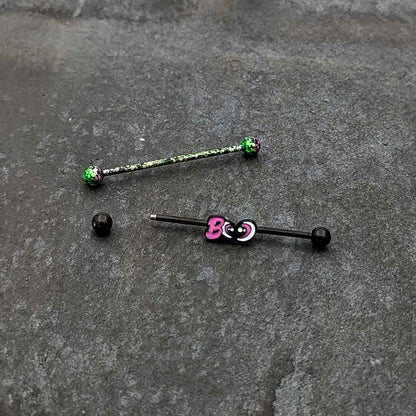 14G Black Halloween Pink Boo Green Industrial Barbell 38mm Set of 2