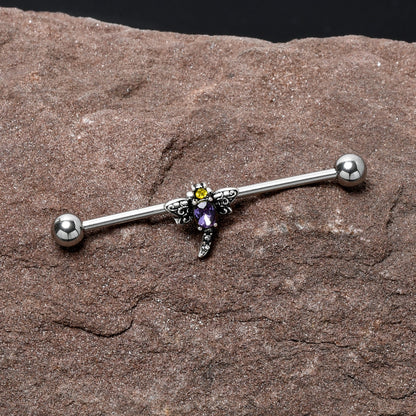 14G Purple Yellow Gem Dragonfly Industrial Barbell 38mm