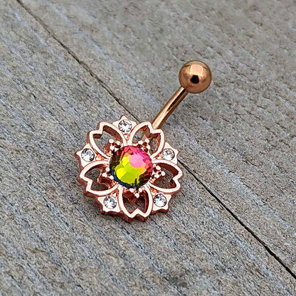 Dark Aurora Gem Rose Gold Tone Filigree Flower Belly Ring