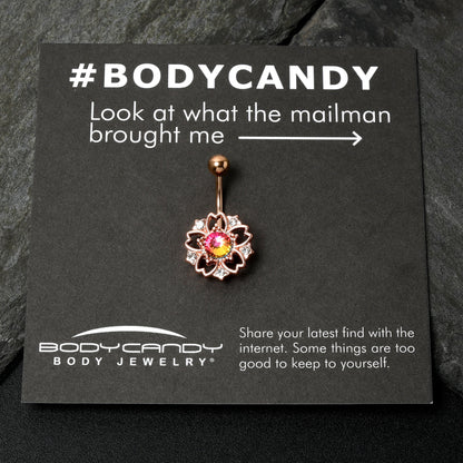 Dark Aurora Gem Rose Gold Tone Filigree Flower Belly Ring