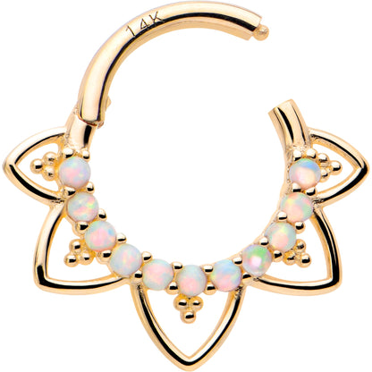 16G 5/16 White Synthetic Opal 14k Yellow Gold Filigree Hinged Segment Ring