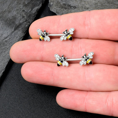 14G 9/16 Clear CZ Gem Honey Bees Barbell Nipple Ring Set