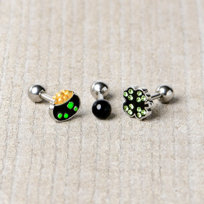 16G 1/4 Green Gem  Shamrock Pot of Gold Cartilage Earring Curation Set of 3