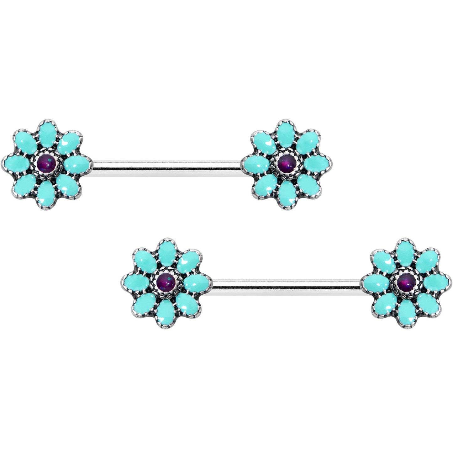 14G 9/16 Blue Faux Opal Flower Teal Petals Barbell Nipple Ring Set