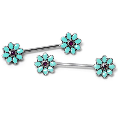 14G 9/16 Blue Faux Opal Flower Teal Petals Barbell Nipple Ring Set