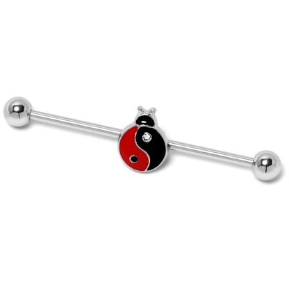 14G Clear Gem Ladybug Yin Yang Industrial Barbell 38mm