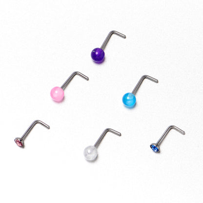 20G 1/4 Pink Gem Purple Pink Faux Opal Pack L Shape Nose Ring Set of 6