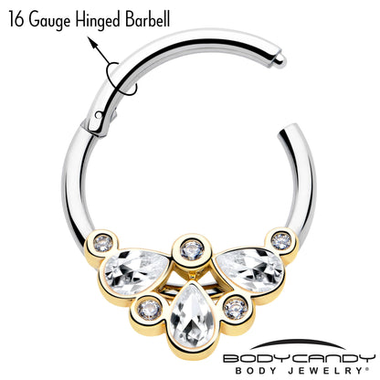 16G 3/8 Clear Gem Golden Crown Deluxe Hinged Segment Ring