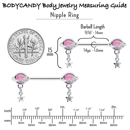 14G 9/16 Pink CZ Gem Starry Saturn Dangle Nipple Ring Set