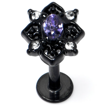 16G 5/16 Purple Gem Black Scrolling Hearts Labret Monroe Tragus