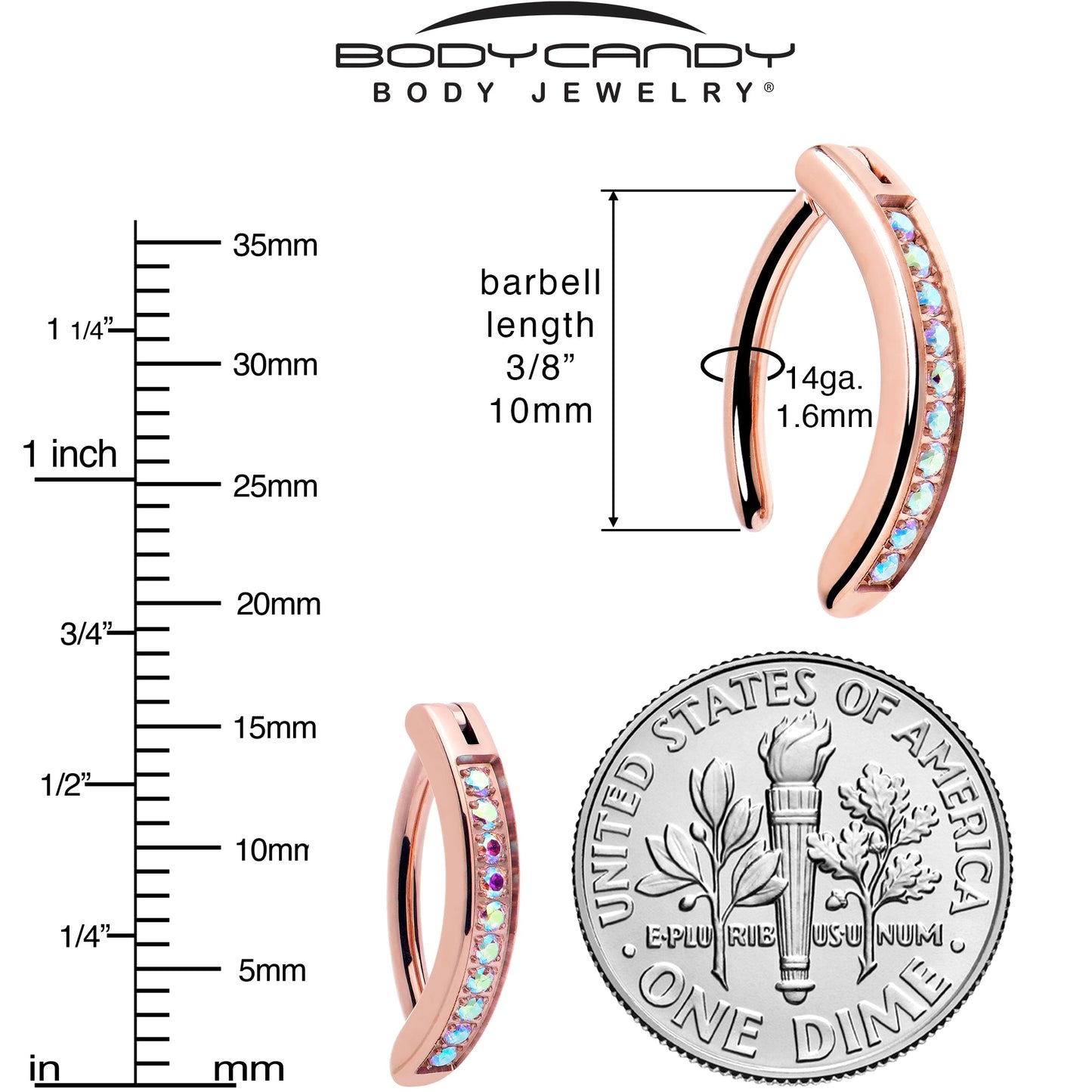 14G 3/8  Rose Implant Grade Titanium CZ Paved Hinged Hoop Belly Ring