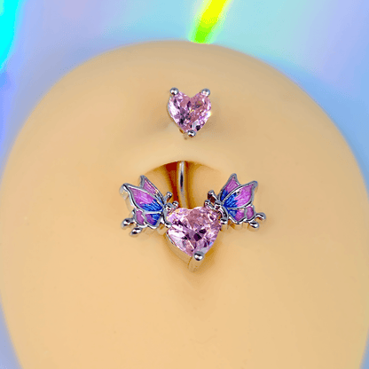 Pink CZ Gem Hearts Butterflies Purple Double Mount Belly Ring