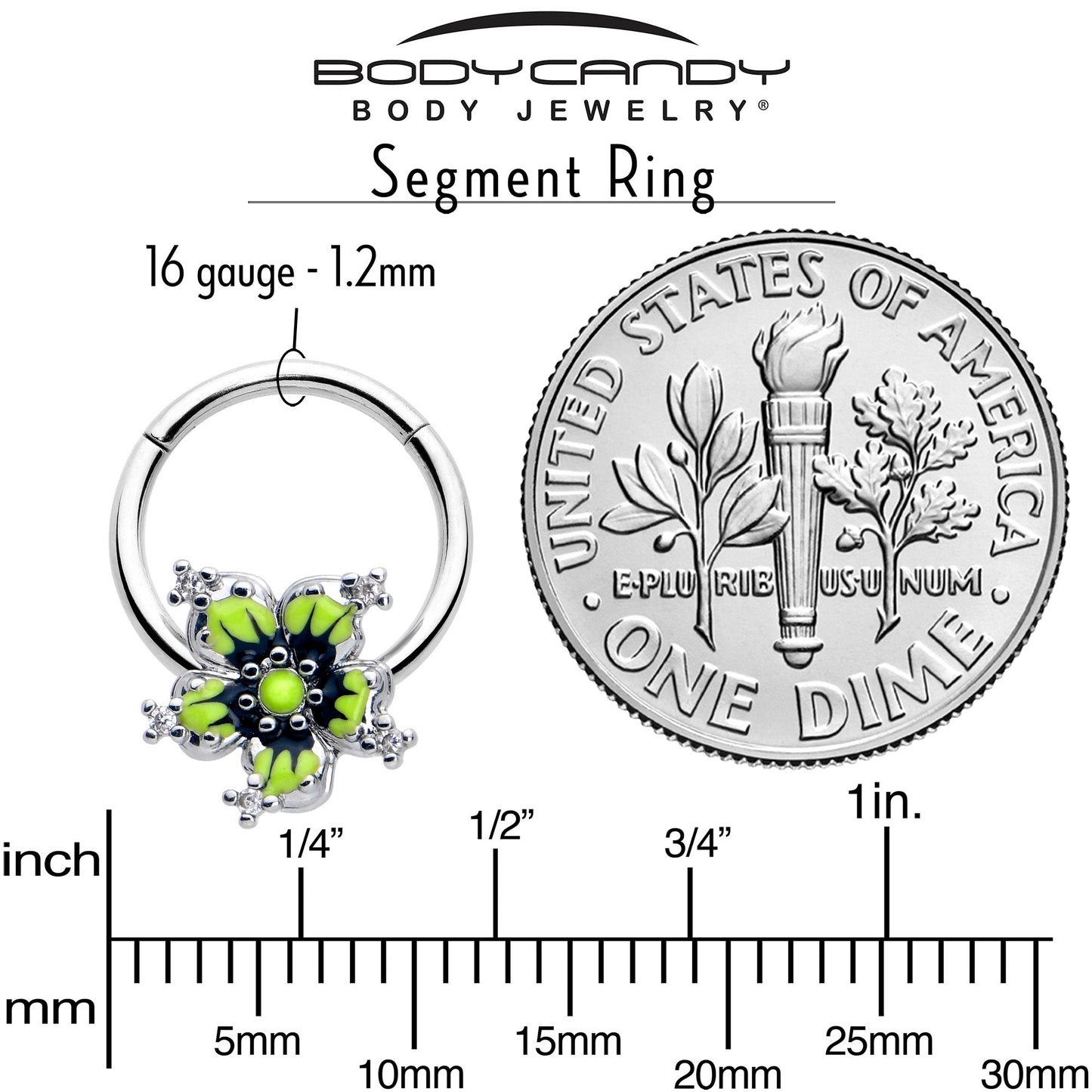 16G 3/8 Clear CZ Gem Go Green Flower Hinged Segment Ring