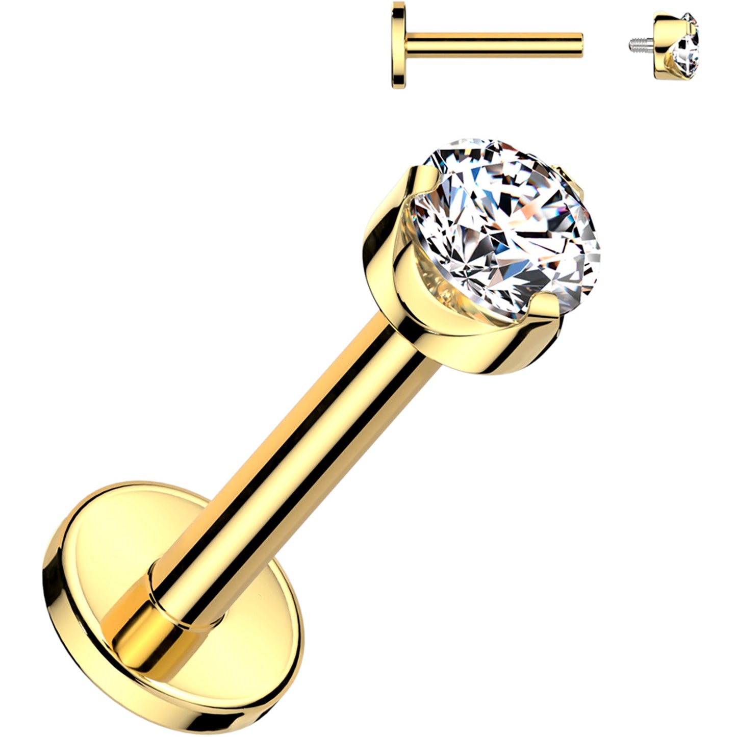 16G 1/4 4mm Clear CZ Round Gold PVD Medical Grade Titanium Flat Back Earring