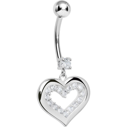 925 Sterling Silver Cubic Zirconia Encased Heart Dangle Belly Ring