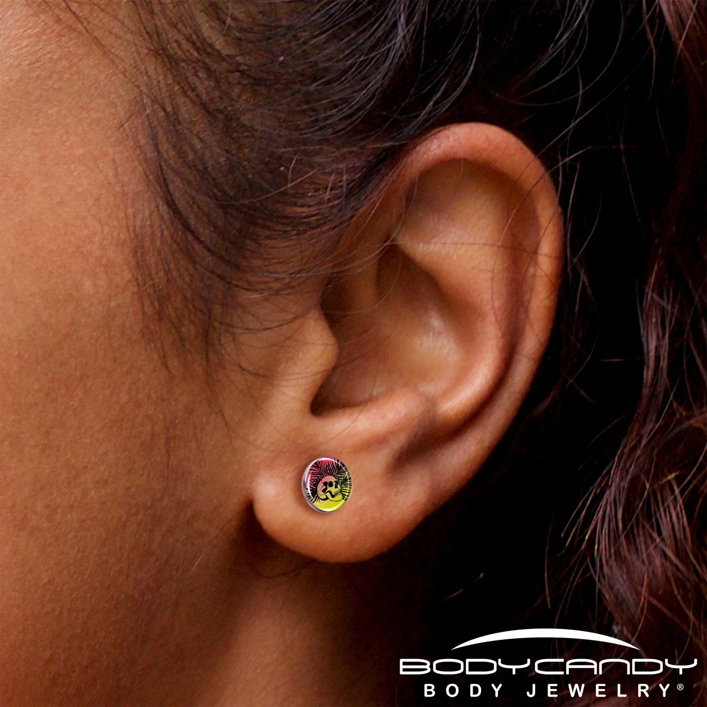 Red Haze Sunset Skull and Palms Stud Earrings by Onyx O