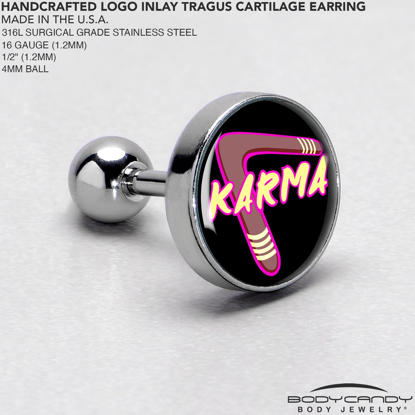 16G 1/4 Karmic Boomerang Tragus Cartilage Earring by Onyx O