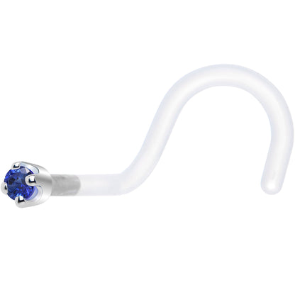 18G 1/4 White Gold 1.5mm Blue Cubic Zirconia Bioplast Nose Ring