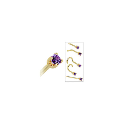 Solid 14K Yellow Gold 2mm Amethyst Cubic Zirconia Nose Ring