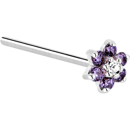 Solid 14K White Gold Amethyst and Clear Cubic Zirconia Flower Nose Ring