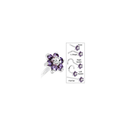 Solid 14K White Gold Amethyst and Clear Cubic Zirconia Flower Nose Ring